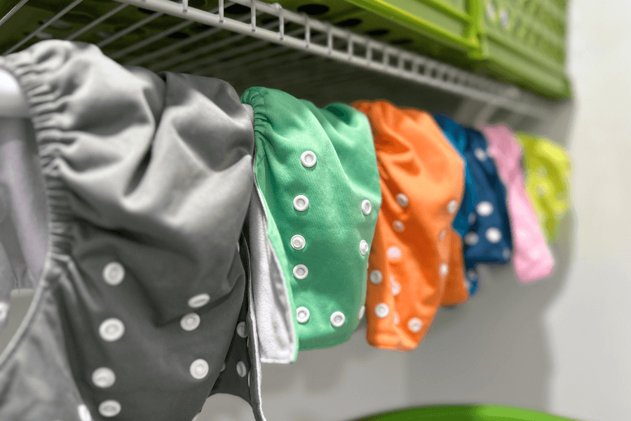 cloth diaper shells hanging to dry in a laundry room - cloth diapering tips