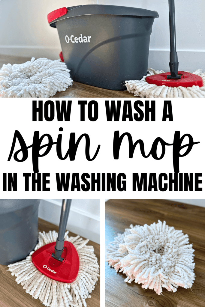 Text says how to wash a spin mop in the washing machine. Images of an Ocedar microfiber mop and bucket.