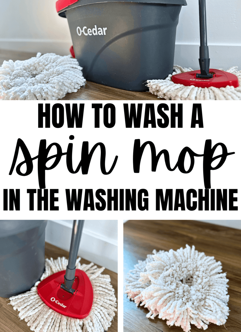 Text says how to wash a spin mop in the washing machine. Images of an Ocedar microfiber mop and bucket.