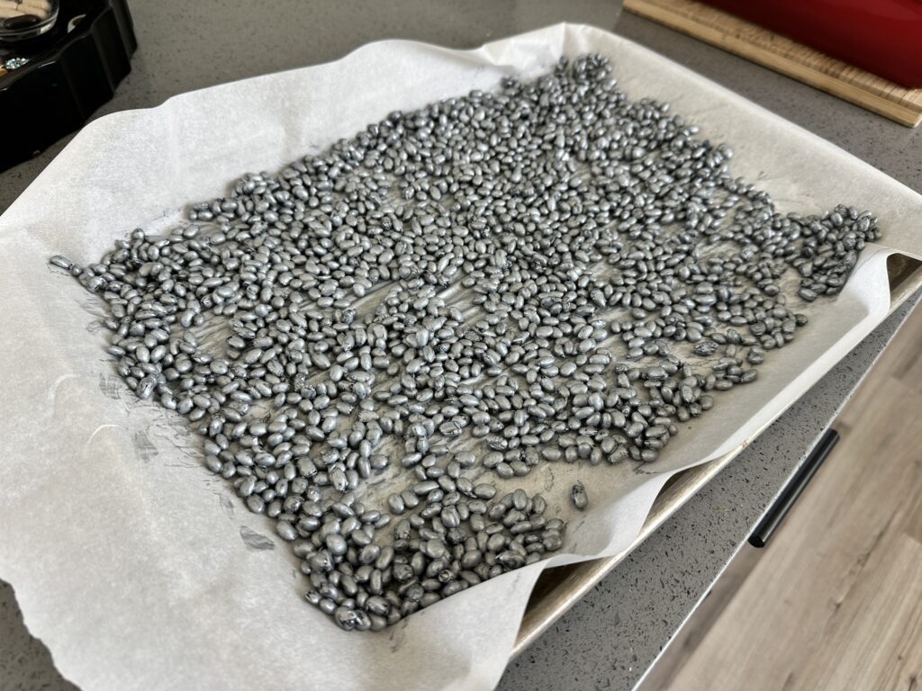 Silver painted beans spread on parchment paper to dry for a space sensory bin