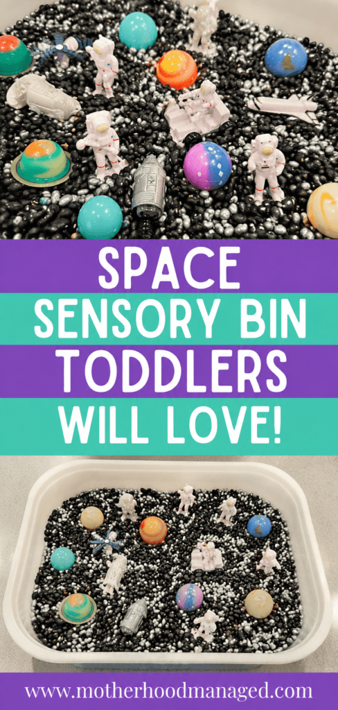Space sensory bin for toddlers with planets and astronauts, Pinterest pin graphic